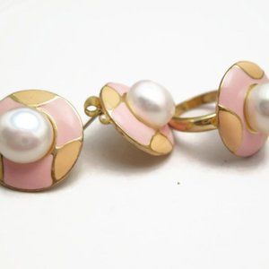 1980's Geometric Design Ring & Earring Set - Pink & Orange Enamel